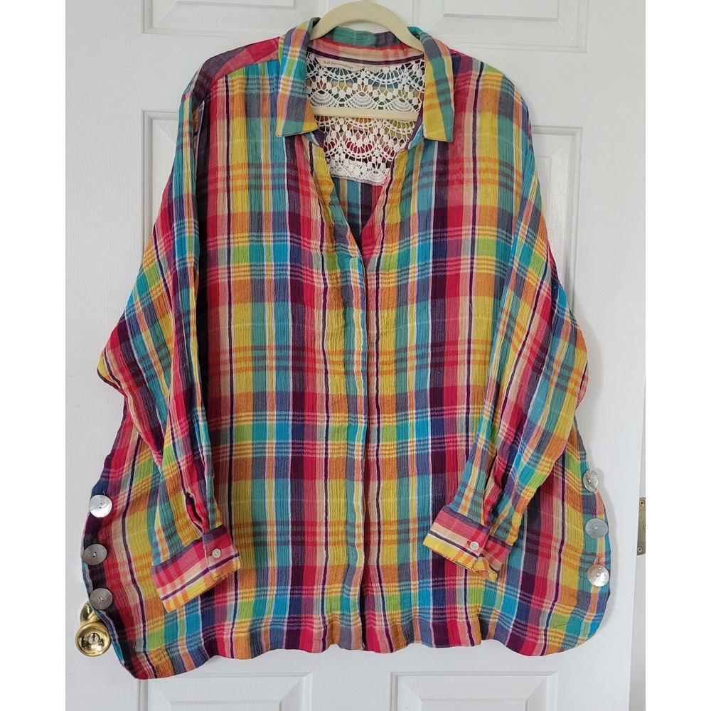 Soft Surroundings Kona Shores 3X Multicolor Plaid Cotton Tunic Boho Oversized